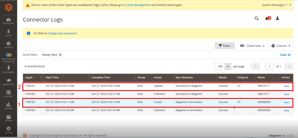 Connector Log displays the RMA Creation and Updating